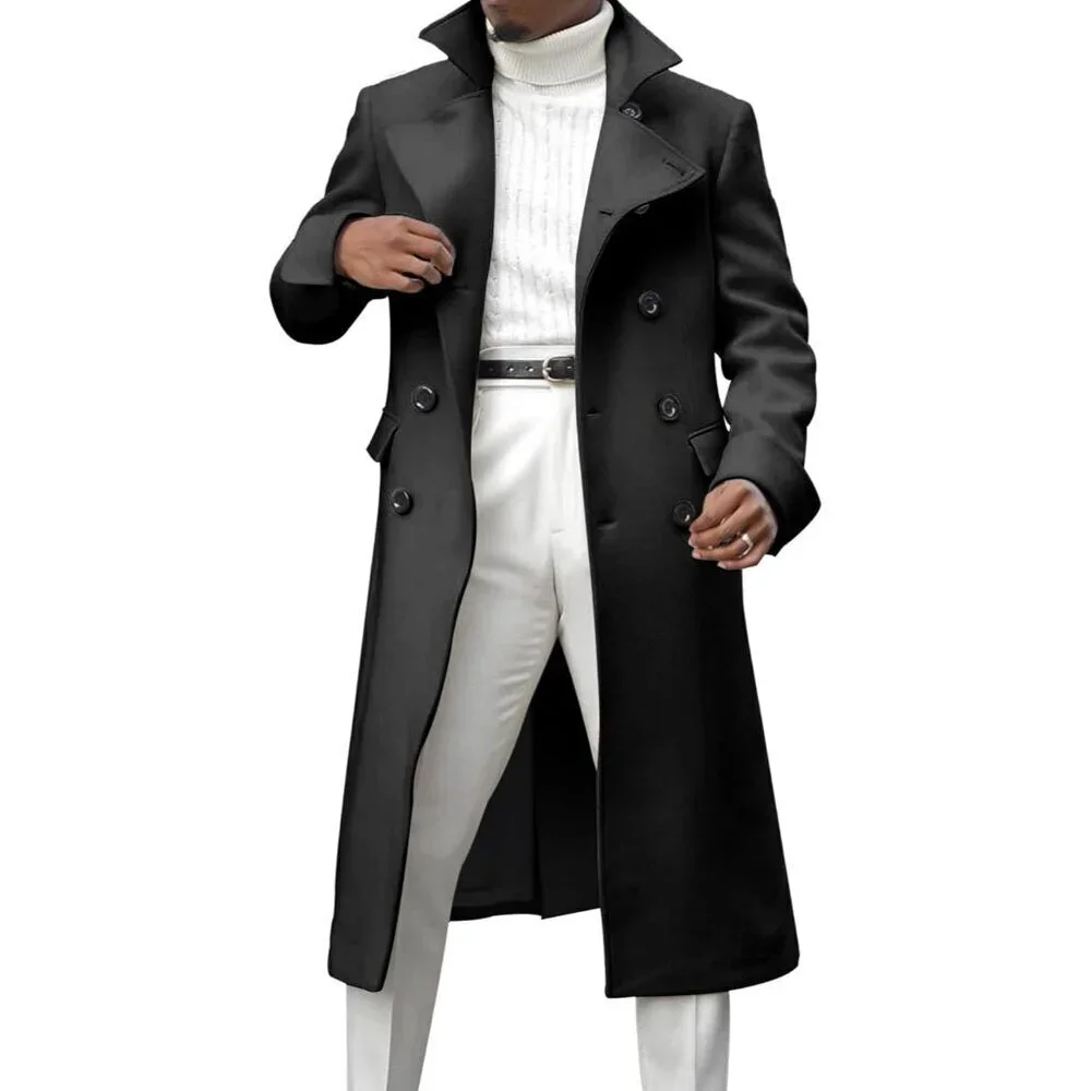 Men's Black Notch Lapel Double Breasted Long Trench Coat Cotton Blend Pea coat